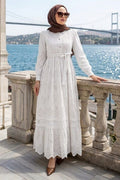 Buttoned Belted Tiered White Broderie Modest Dress 5004B