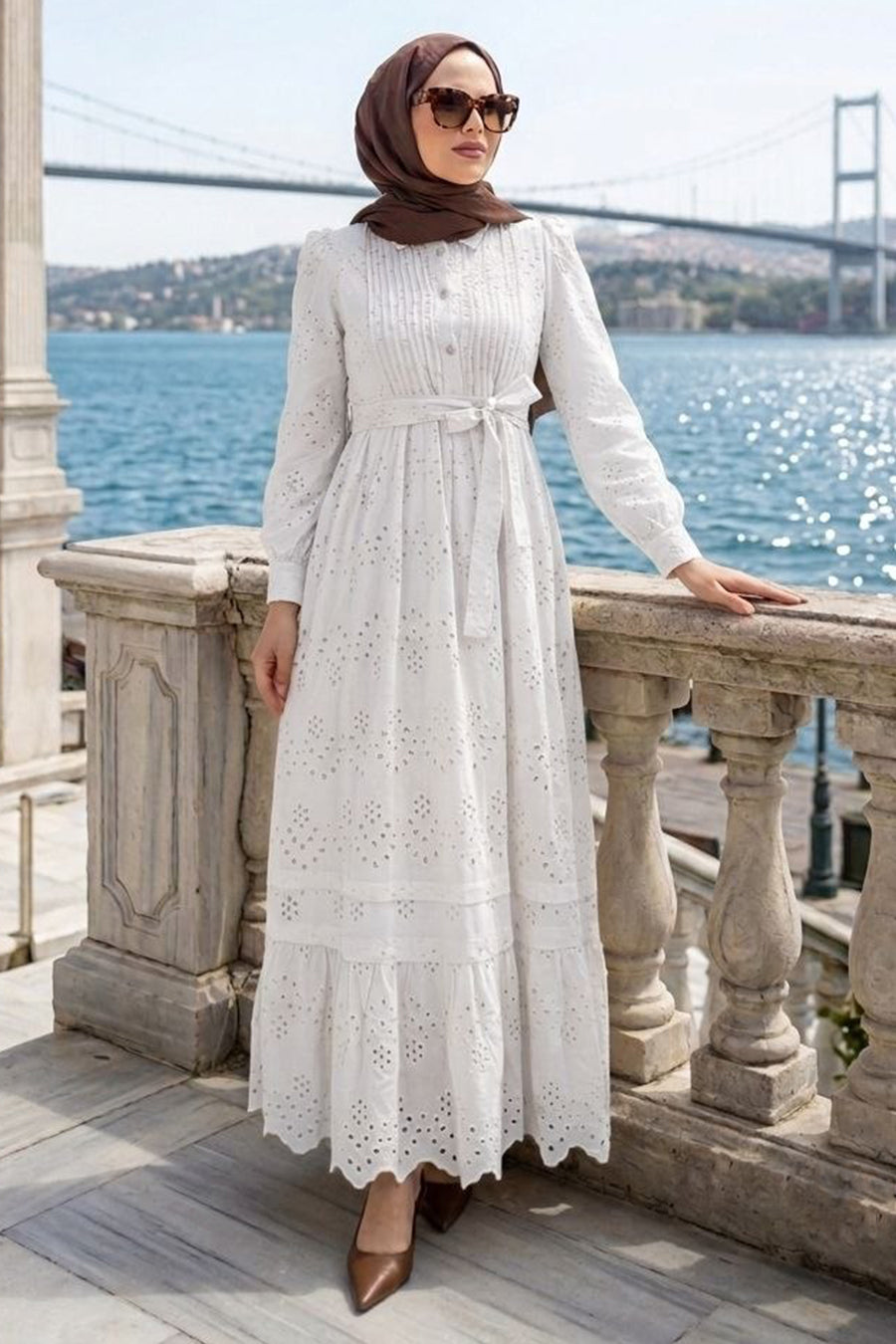 Buttoned Belted Tiered White Broderie Modest Dress 5004B