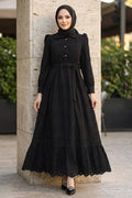 Buttoned Belted Tiered Black Broderie Modest Dress 5004S