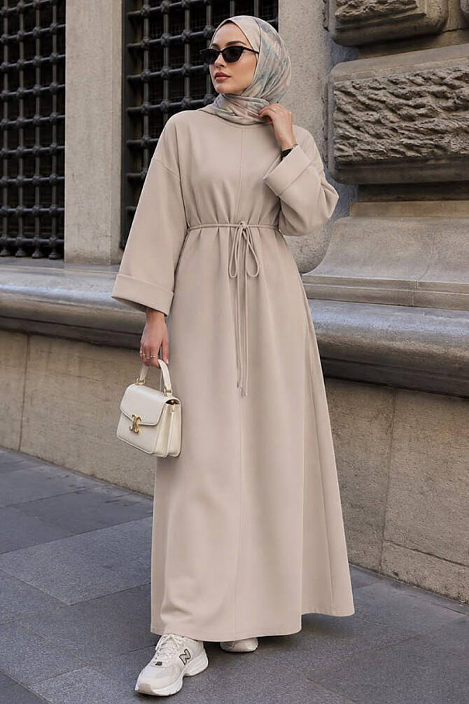 Beige straight-cut modest dress 3138BEJ wholesale Turkey fall winter