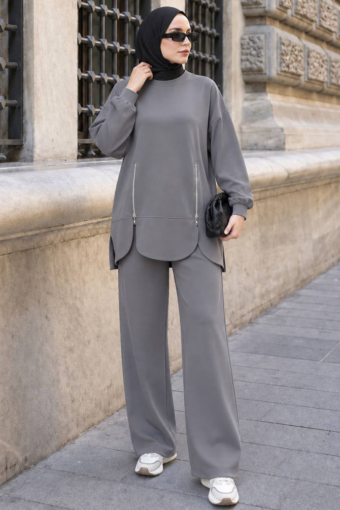 Gray zip-pocket detail modest trouser two-piece set 3040GR wholesale Turkey fall winter