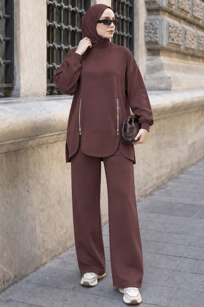 Brown zip-pocket detail modest trouser two-piece set 3040KH wholesale Turkey fall winter