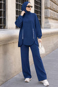 Navy blue zip-pocket detail modest trouser two-piece set 3040L wholesale Turkey fall winter