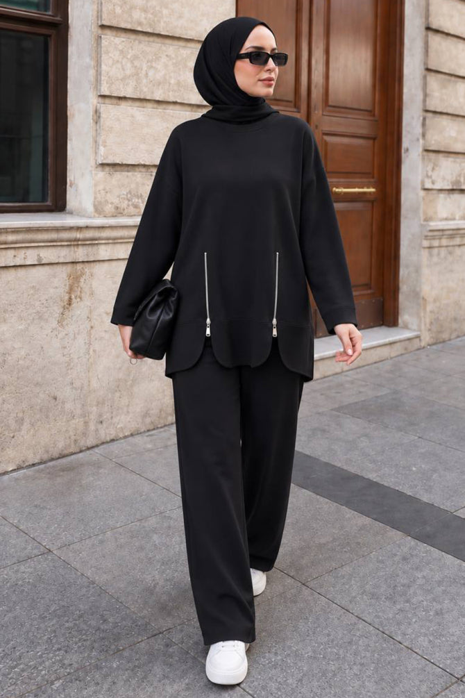 Black zip-pocket detail modest trouser two-piece set 3040S wholesale Turkey fall winter