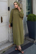 Zip-Collar Olive Green Modest Knit Dress 30071YY