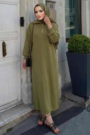 Zip-Collar Olive Green Modest Knit Dress 30071YY