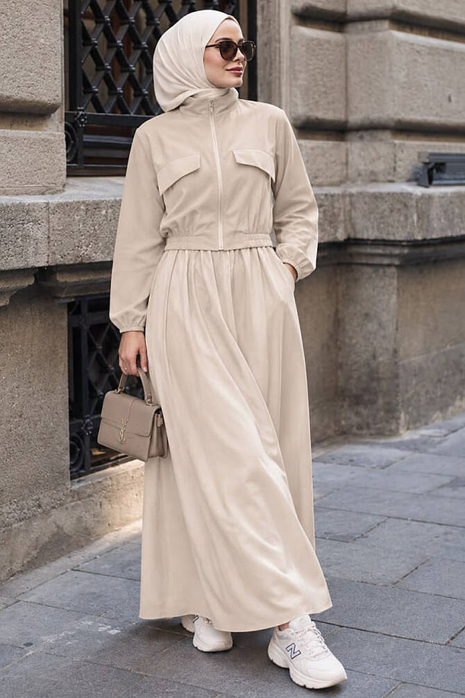 Beige zip-detail modal modest skirt two-piece set 1366BEJ wholesale Turkey