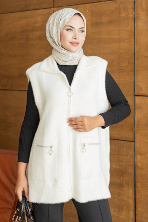 Zip-Front Pocket Cream Modest Knit Vest 250735KR