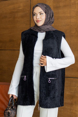 Zip-Front Pocket Black Modest Knit Vest 250735S