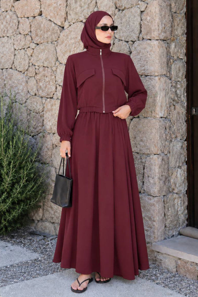 Plum zip-detail modal modest skirt two-piece set 1366MU wholesale Turkey