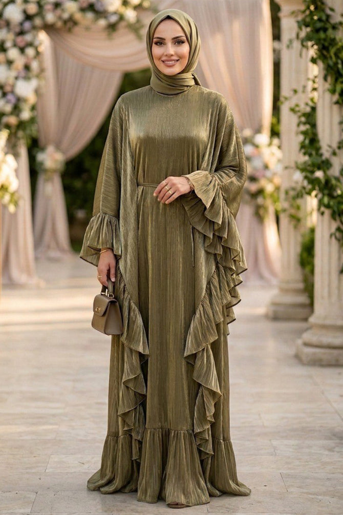 Khaki ruffle-detail belted luxury modest evening dress 5740HK wholesale Turkey