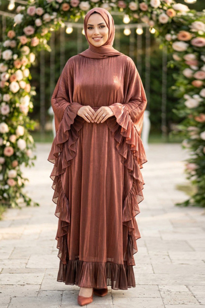 Brown ruffle-detail belted luxury modest evening dress 5740KH wholesale Turkey