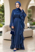 Navy blue ruffle-detail belted luxury modest evening dress 5740L wholesale Turkey
