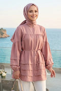 Ruffle-Detailed Zippered Powder Pink Modest Tunic 15131PD