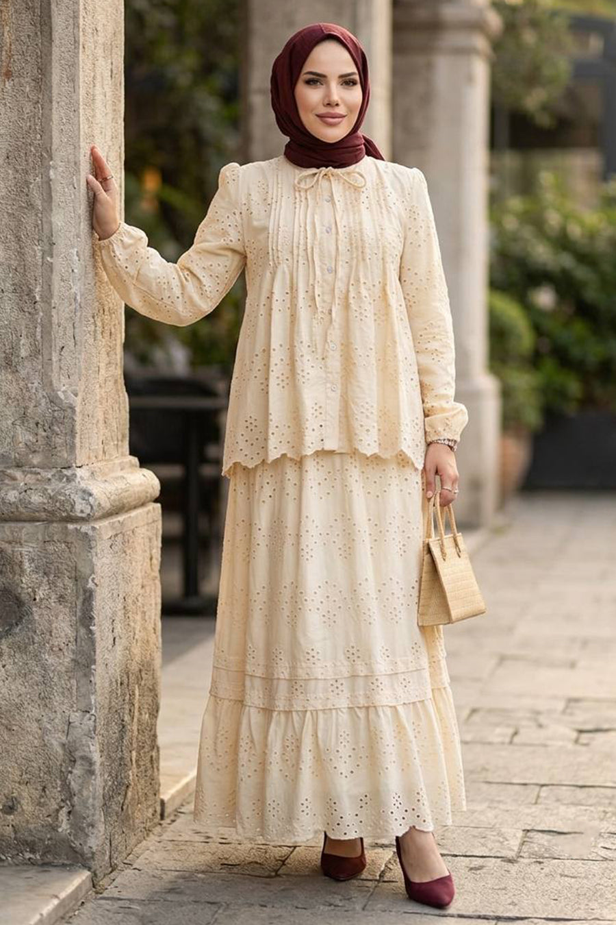 Ruffle-Collar Tiered Beige Broderie Two-Piece Modest Set 50194BEJ