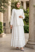 Ruffle-Collar Tiered White Broderie Two-Piece Modest Set 50194B