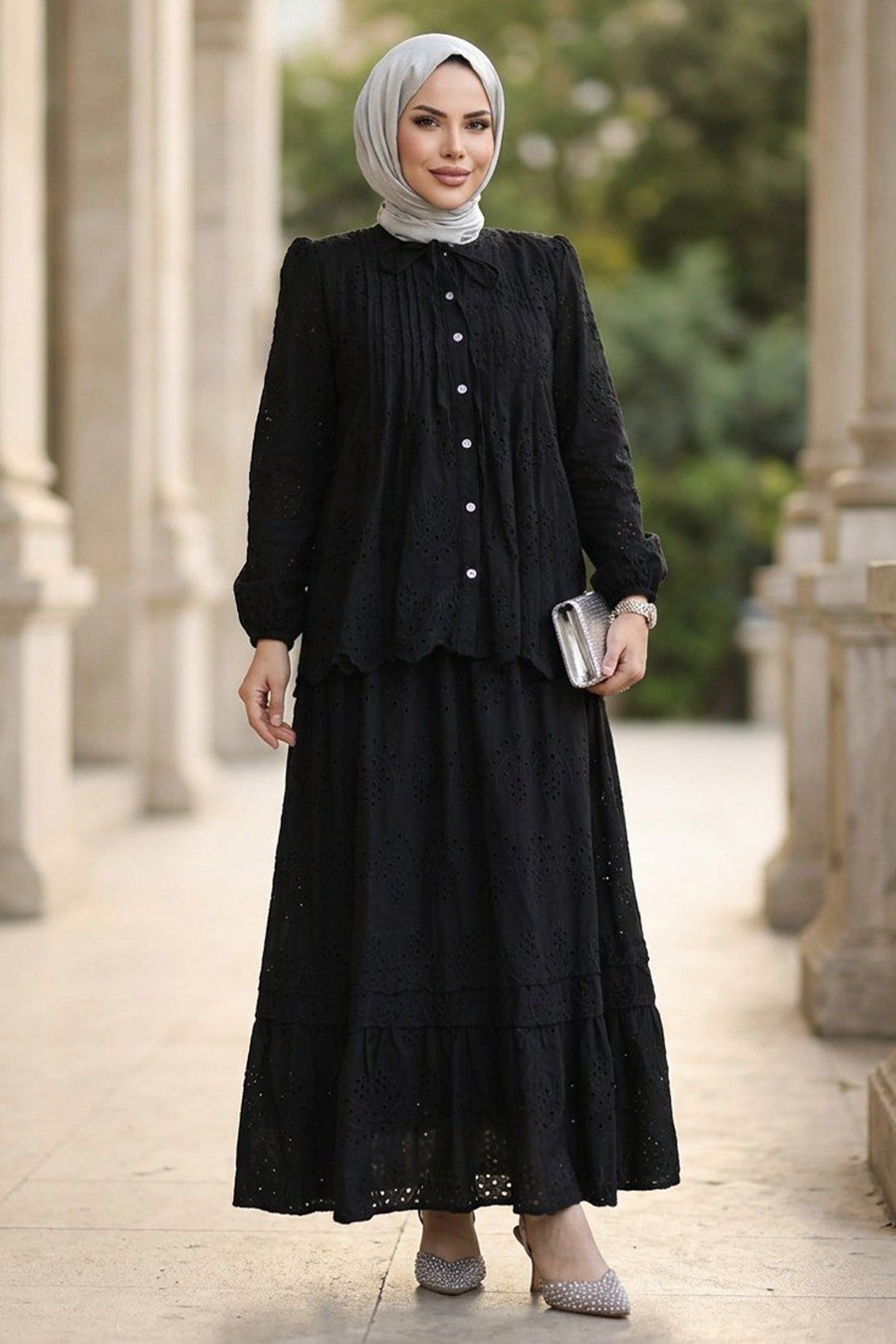 Ruffle-Collar Tiered Black Broderie Two-Piece Modest Set 50194S