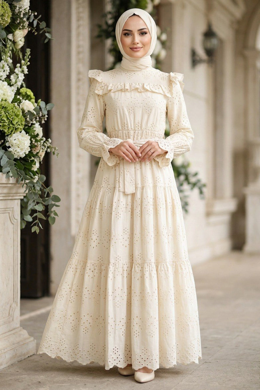 Ruffle-Collar Belted Beige Broderie Modest Dress 50281BEJ