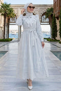 Ruffle-Collar Belted Tiered White Broderie Modest Dress 50164B