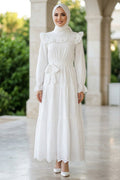 Ruffle-Collar Belted White Broderie Modest Dress 50281B