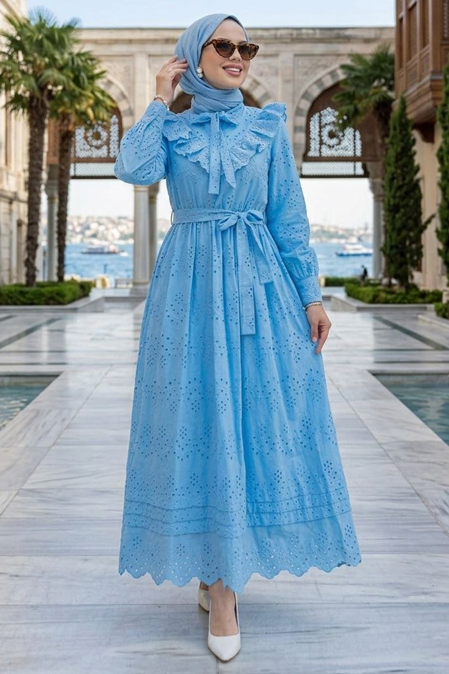 Ruffle-Collar Belted Tiered Blue Broderie Modest Dress 50164M