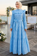 Ruffle-Collar Belted Blue Broderie Modest Dress 50281M