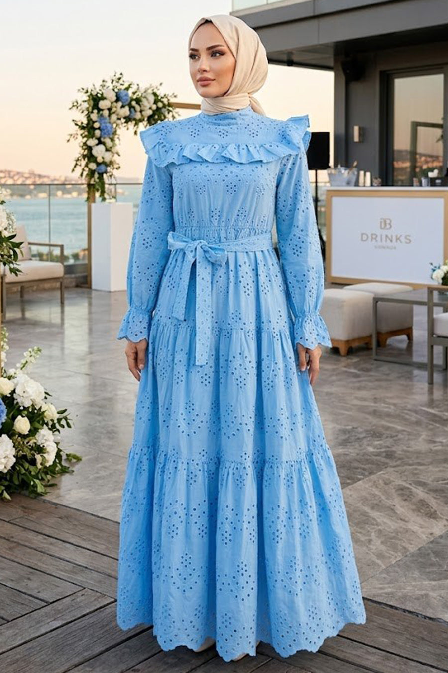 Ruffle-Collar Belted Blue Broderie Modest Dress 50281M