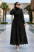 Ruffle-Collar Belted Tiered Black Broderie Modest Dress 50164S
