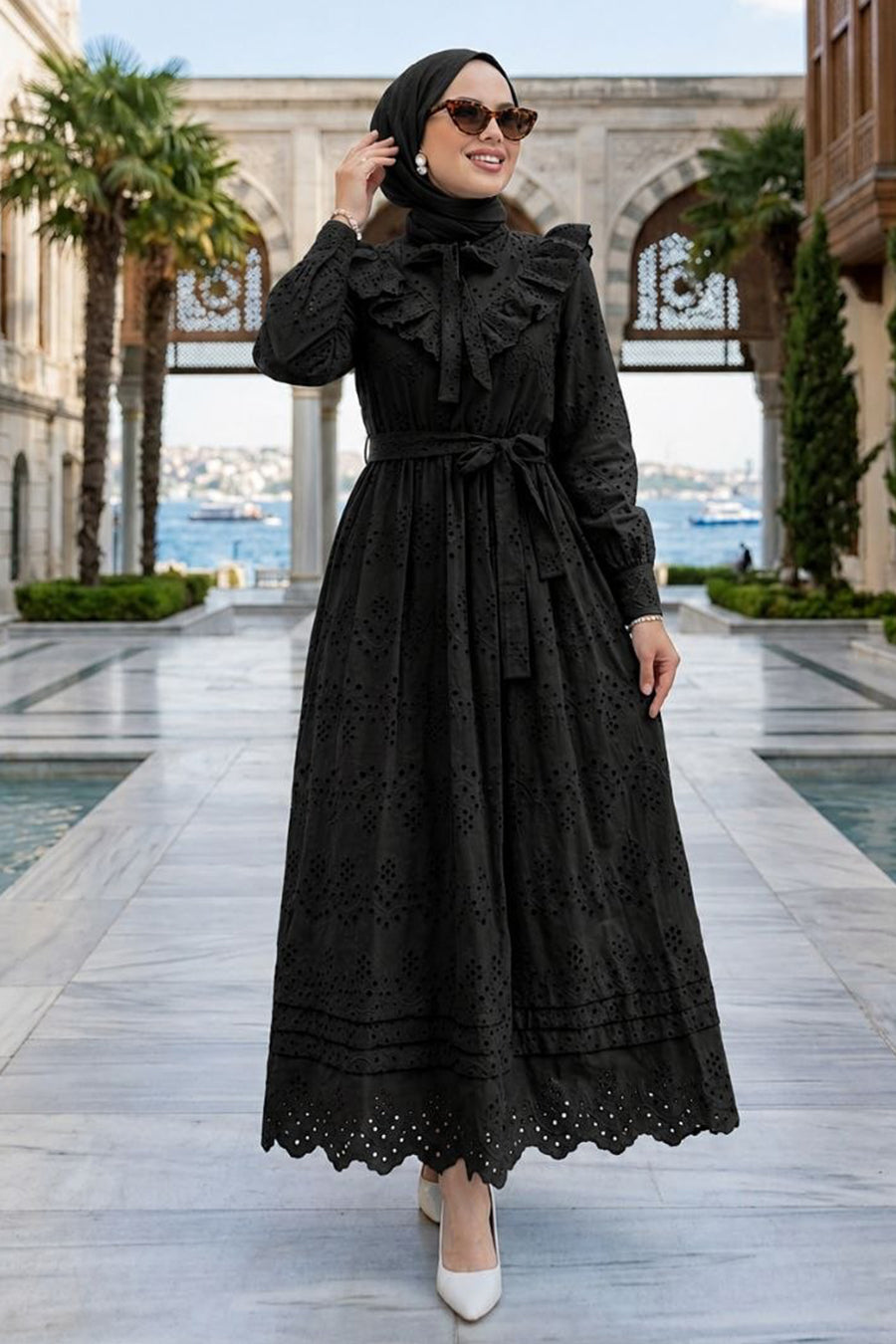 Ruffle-Collar Belted Tiered Black Broderie Modest Dress 50164S