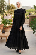 Ruffle-Collar Belted Black Broderie Modest Dress 50281S