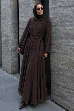 Ruffle-Collar Cape-Detailed Brown Modest Dress 5328KH