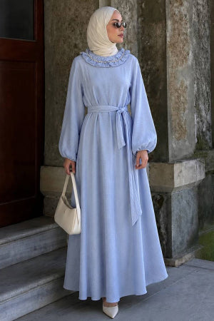 Ruffle-Collar Cape-Detailed Blue Modest Dress 5328M
