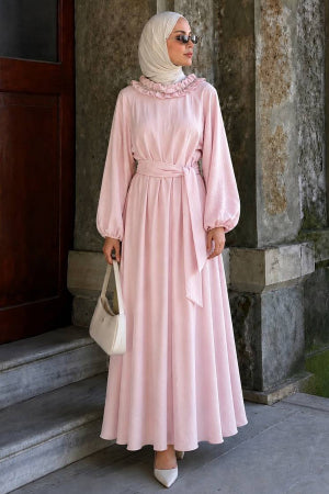 Ruffle-Collar Cape-Detailed Pink Modest Dress 5328P