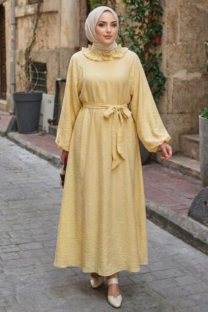 Ruffle-Collar Cape-Detailed Yellow Modest Dress 5328SR