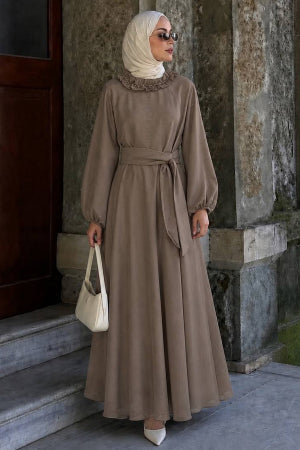 Ruffle-Collar Cape-Detailed Mink Modest Dress 5328V
