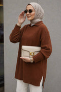Ribbed Brown Modest Knit Sweater Tunic 65903KH