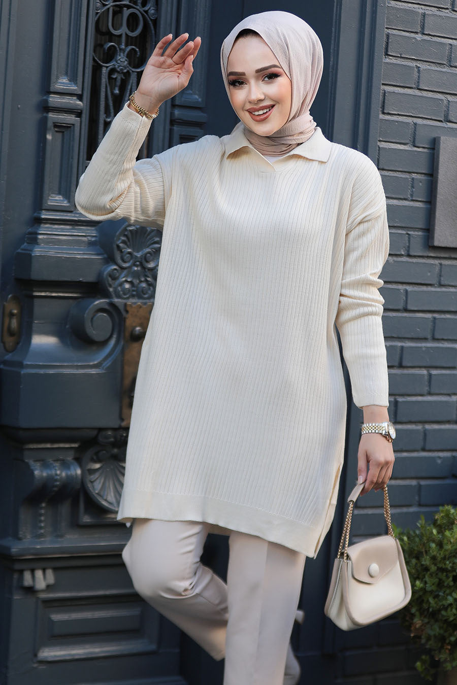 Ribbed Cream Modest Knit Sweater Tunic 65903KR