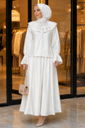 Wide-Collar White Tulle Modal Two-Piece Modest Set 26082B