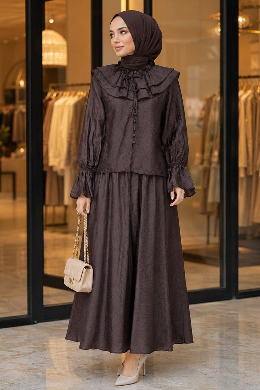Wide-Collar Brown Tulle Modal Two-Piece Modest Set 26082KH