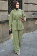 Light khaki shirt-collar tie-detail modest two-piece set 26190AHK wholesale Turkey