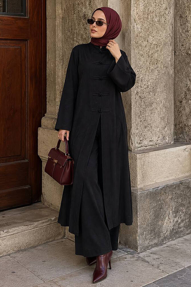 Black judge-collar button-detail modest trouser two-piece set 1406S wholesale Turkey fall winter