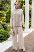 Stone-Embellished Beige Crepe Modest Two-Piece Set 95726BEJ