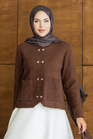 Heart-Button Pocket Brown Modest Knit Cardigan 251404KH