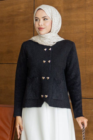 Heart-Button Pocket Black Modest Knit Cardigan 251404S