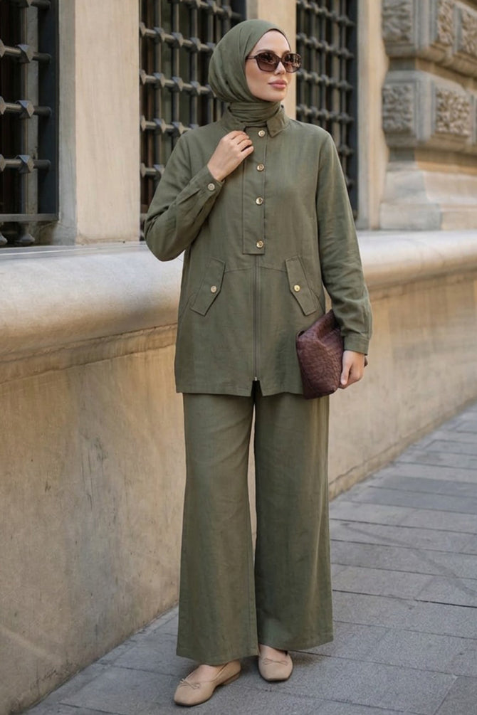 Sage green flap-pocket button-detail modest two-piece set 1369CY wholesale Turkey