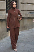 Brown flap-pocket button-detail modest two-piece set 1369KH wholesale Turkey