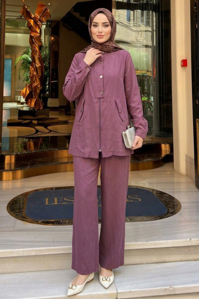 Dark dusty rose flap-pocket button-detail modest two-piece set 1369KGK wholesale Turkey
