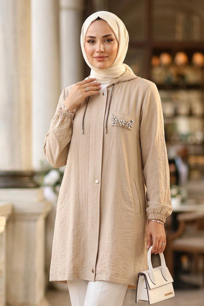 Hooded Drawstring Beige Modest Cape 15241BEJ
