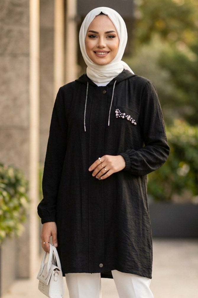 Hooded Drawstring Black Modest Cape 15241S