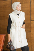 Hooded Belted Cream Modest Knit Vest 251485KR